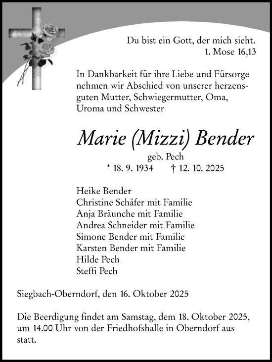 Traueranzeige von Marie Bender von Dill Block