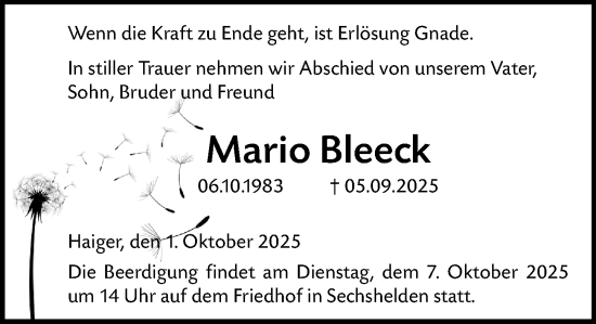 Traueranzeige von Mario Bleeck von Dill Block Traueranzeige von Mario Bleeck von Dill Block