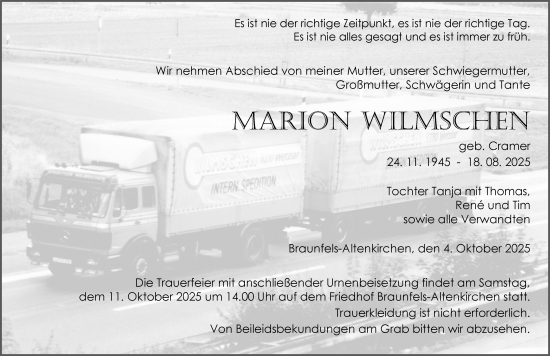 Traueranzeige von Marion Wilmschen von Wetzlarer Neue Zeitung Traueranzeige von Marion Wilmschen von Wetzlarer Neue Zeitung