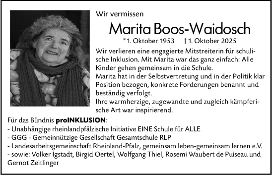 Traueranzeige von Marita Boos-Waidosch von Allgemeine Zeitung Mainz
