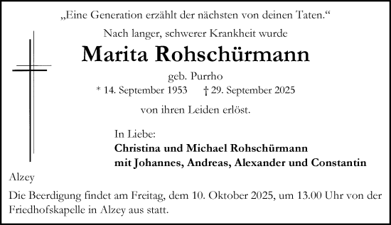 Traueranzeige von Marita Rohschürmann von Allgemeine Zeitung Alzey Traueranzeige von Marita Rohschürmann von Allgemeine Zeitung Alzey