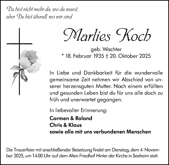 Traueranzeige von Marlies Koch von Darmstädter Echo Traueranzeige von Marlies Koch von Darmstädter Echo