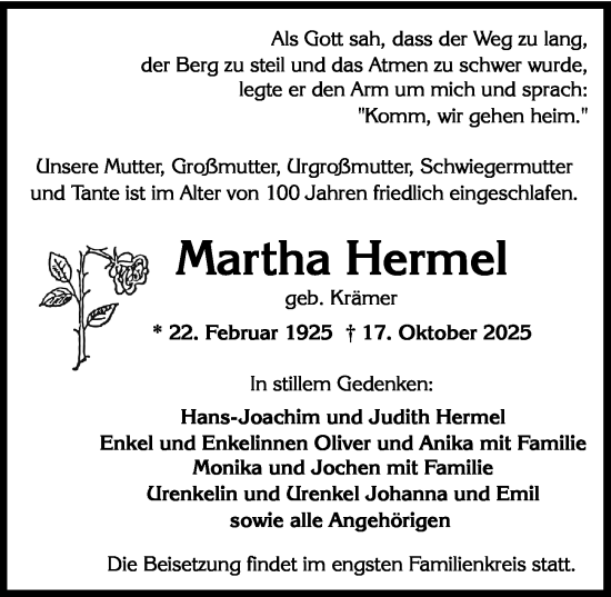 Traueranzeige von Martha Hermel von Wiesbadener Kurier Traueranzeige von Martha Hermel von Wiesbadener Kurier