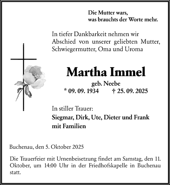 Traueranzeige von Martha Immel von Hinterländer Anzeiger