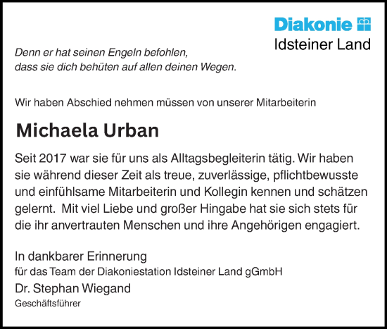 Traueranzeige von Michaela Urban von Idsteiner Land/Untertaunus Traueranzeige von Michaela Urban von Idsteiner Land/Untertaunus