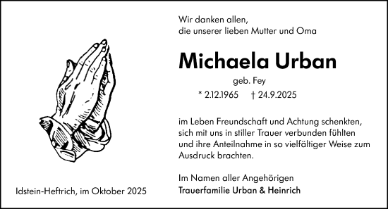 Traueranzeige von Michaela Urban von Idsteiner Land/Untertaunus Traueranzeige von Michaela Urban von Idsteiner Land/Untertaunus