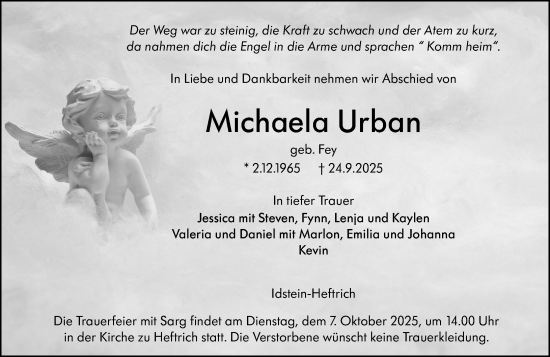 Traueranzeige von Michaela Urban von Idsteiner Land/Untertaunus Traueranzeige von Michaela Urban von Idsteiner Land/Untertaunus