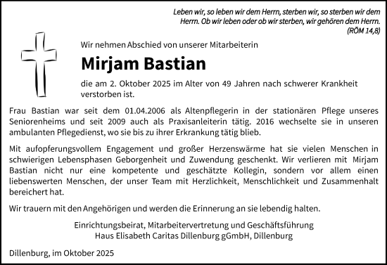 Traueranzeige von Mirjam Bastian von Dill Block