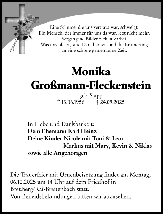 Traueranzeige von Monika Großmann-Fleckenstein von Odenwälder Echo Traueranzeige von Monika Großmann-Fleckenstein von Odenwälder Echo