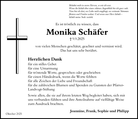 Traueranzeige von Monika Schäfer von Allgemeine Zeitung Mainz