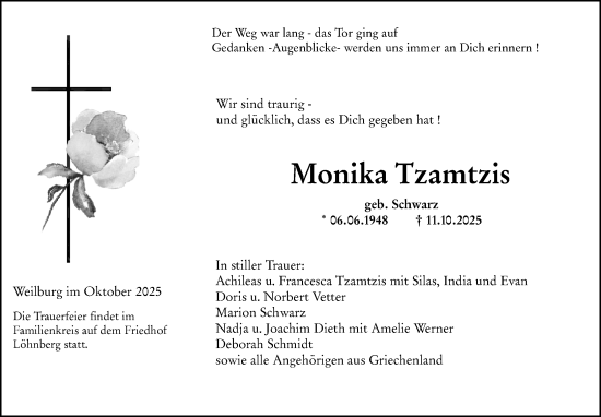 Traueranzeige von Monika Tzamtzis von Weilburger Tageblatt Traueranzeige von Monika Tzamtzis von Weilburger Tageblatt