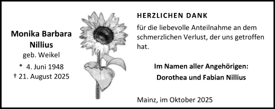 Traueranzeige von Monika Barbara Nillius von Allgemeine Zeitung Mainz Traueranzeige von Monika Barbara Nillius von Allgemeine Zeitung Mainz