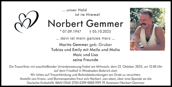 Traueranzeige von Norbert Gemmer von Wiesbadener Kurier Traueranzeige von Norbert Gemmer von Wiesbadener Kurier