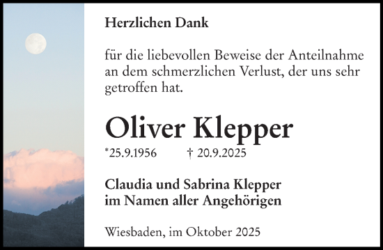 Traueranzeige von Oliver Klepper von Wiesbadener Kurier Traueranzeige von Oliver Klepper von Wiesbadener Kurier