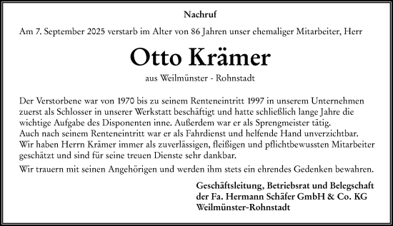 Traueranzeige von Otto Krämer von Weilburger Tageblatt
