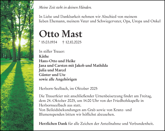 Traueranzeige von Otto Mast von Dill Block Traueranzeige von Otto Mast von Dill Block