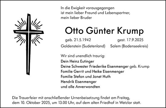 Traueranzeige von Otto Günter Krump von Wetzlarer Neue Zeitung