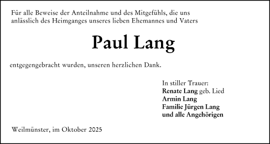 Traueranzeige von Paul Lang von Weilburger Tageblatt Traueranzeige von Paul Lang von Weilburger Tageblatt