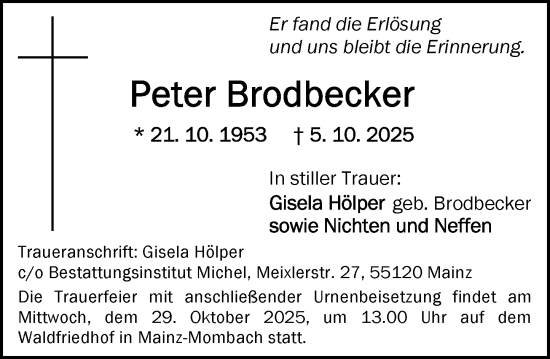 Traueranzeige von Peter Brodbecker von Allgemeine Zeitung Mainz Traueranzeige von Peter Brodbecker von Allgemeine Zeitung Mainz