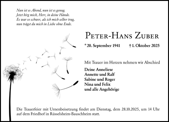 Traueranzeige von Peter-Hans Zuber von Rüsselsheimer Echo Traueranzeige von Peter-Hans Zuber von Rüsselsheimer Echo