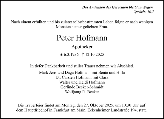 Traueranzeige von Peter Hofmann von Rüsselsheimer Echo