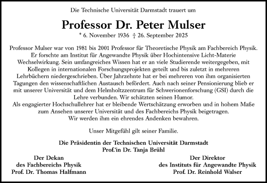 Traueranzeige von Peter Mulser von Darmstädter Echo Traueranzeige von Peter Mulser von Darmstädter Echo