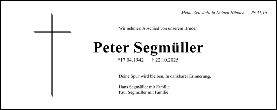 Traueranzeige von Peter Segmüller von Dieburger Anzeiger/Groß-Zimmerner Lokal-Anzeiger Traueranzeige von Peter Segmüller von Dieburger Anzeiger/Groß-Zimmerner Lokal-Anzeiger