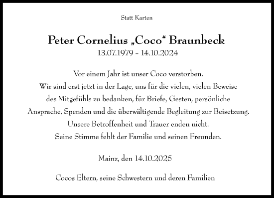 Traueranzeige von Peter Cornelius Braunbeck von Allgemeine Zeitung Mainz