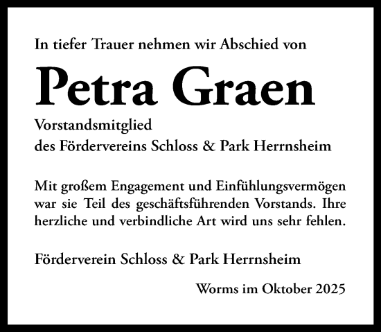 Traueranzeige von Petra Graen von Wormser Zeitung Traueranzeige von Petra Graen von Wormser Zeitung
