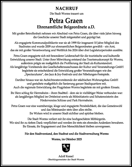 Traueranzeige von Petra Graen von Wormser Zeitung
