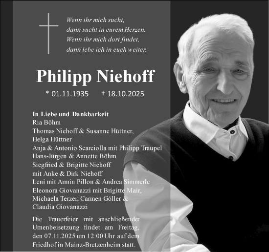Traueranzeige von Philipp Niehoff von Allgemeine Zeitung Mainz Traueranzeige von Philipp Niehoff von Allgemeine Zeitung Mainz