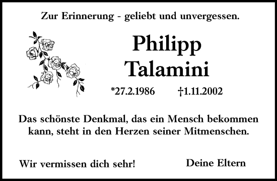 Traueranzeige von Philipp Talamini von Starkenburger Echo