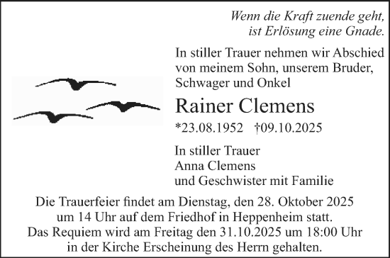 Traueranzeige von Rainer Clemens von Starkenburger Echo Traueranzeige von Rainer Clemens von Starkenburger Echo