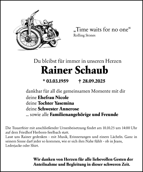 Traueranzeige von Rainer Schaub von Dill Block Traueranzeige von Rainer Schaub von Dill Block