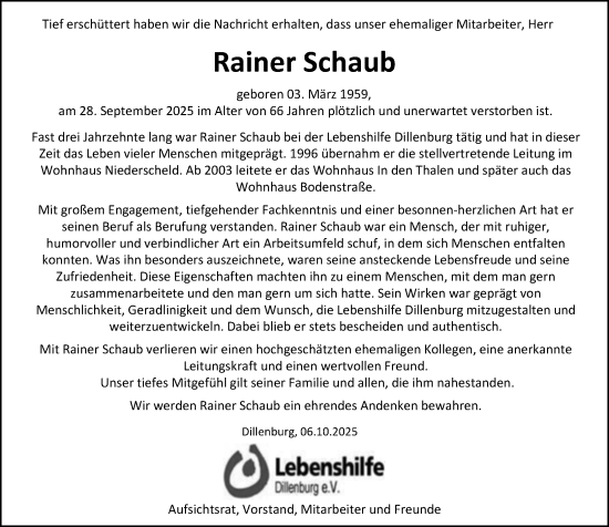 Traueranzeige von Rainer Schaub von Dill Block Traueranzeige von Rainer Schaub von Dill Block