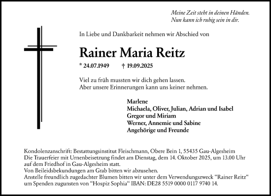 Traueranzeige von Rainer Maria Reitz von Allgemeine Zeitung Rheinhessen-Nahe Traueranzeige von Rainer Maria Reitz von Allgemeine Zeitung Rheinhessen-Nahe