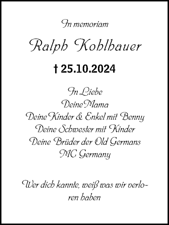 Traueranzeige von Ralph Kohlhauer von Dill Block