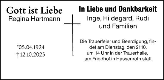 Traueranzeige von Regina Hartmann von Odenwälder Echo
