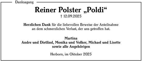 Traueranzeige von Reiner Polster von Dill Block Traueranzeige von Reiner Polster von Dill Block