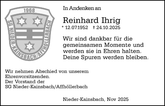 Traueranzeige von Reinhard Ihrig von Odenwälder Echo Traueranzeige von Reinhard Ihrig von Odenwälder Echo