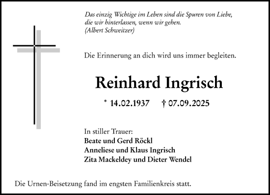 Traueranzeige von Reinhard Ingrisch von Groß-Gerauer Echo