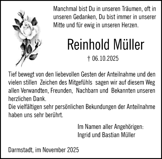Traueranzeige von Reinhold Müller von Darmstädter Echo Traueranzeige von Reinhold Müller von Darmstädter Echo