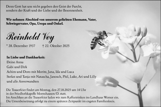 Traueranzeige von Reinhold Vey von Hinterländer Anzeiger Traueranzeige von Reinhold Vey von Hinterländer Anzeiger