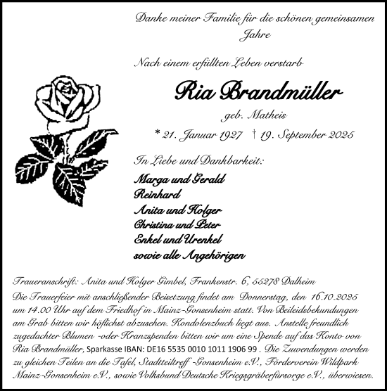 Traueranzeige von Ria Brandmüller von Allgemeine Zeitung Mainz Traueranzeige von Ria Brandmüller von Allgemeine Zeitung Mainz