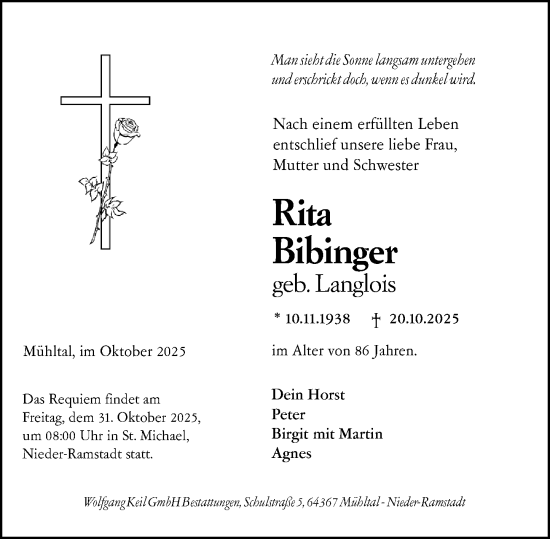 Traueranzeige von Rita Bibinger von Darmstädter Echo Traueranzeige von Rita Bibinger von Darmstädter Echo