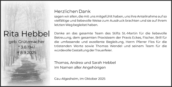 Traueranzeige von Rita Hebbel von Allgemeine Zeitung Rheinhessen-Nahe Traueranzeige von Rita Hebbel von Allgemeine Zeitung Rheinhessen-Nahe