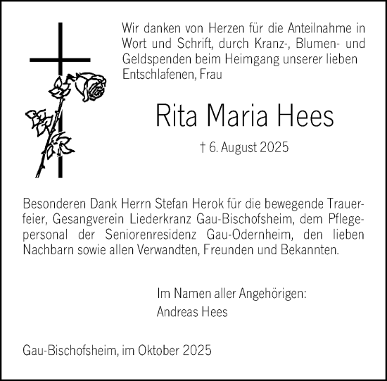 Traueranzeige von Rita Maria Hees von Allgemeine Zeitung Mainz Traueranzeige von Rita Maria Hees von Allgemeine Zeitung Mainz