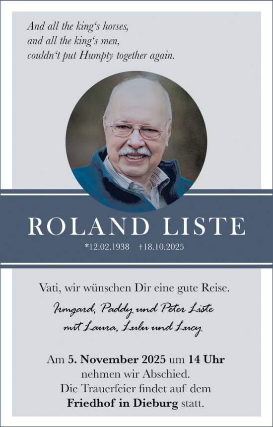 Traueranzeige von Roland Liste von Dieburger Anzeiger/Groß-Zimmerner Lokal-Anzeiger Traueranzeige von Roland Liste von Dieburger Anzeiger/Groß-Zimmerner Lokal-Anzeiger