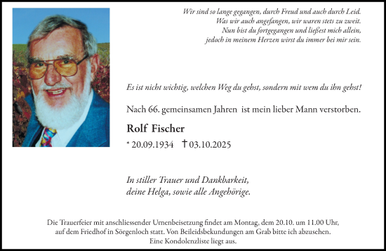 Traueranzeige von Rolf Fischer von Allgemeine Zeitung Mainz