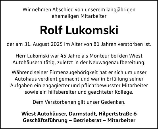Traueranzeige von Rolf Lukomski von Darmstädter Echo
